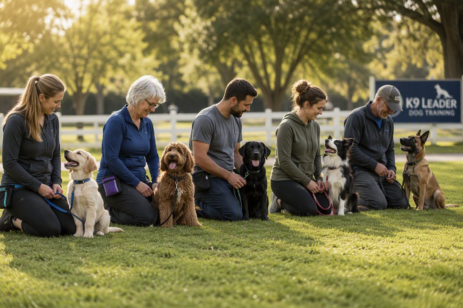 Group dog training class outdoors