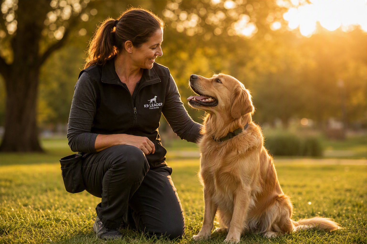 Professional dog trainer with golden retriever